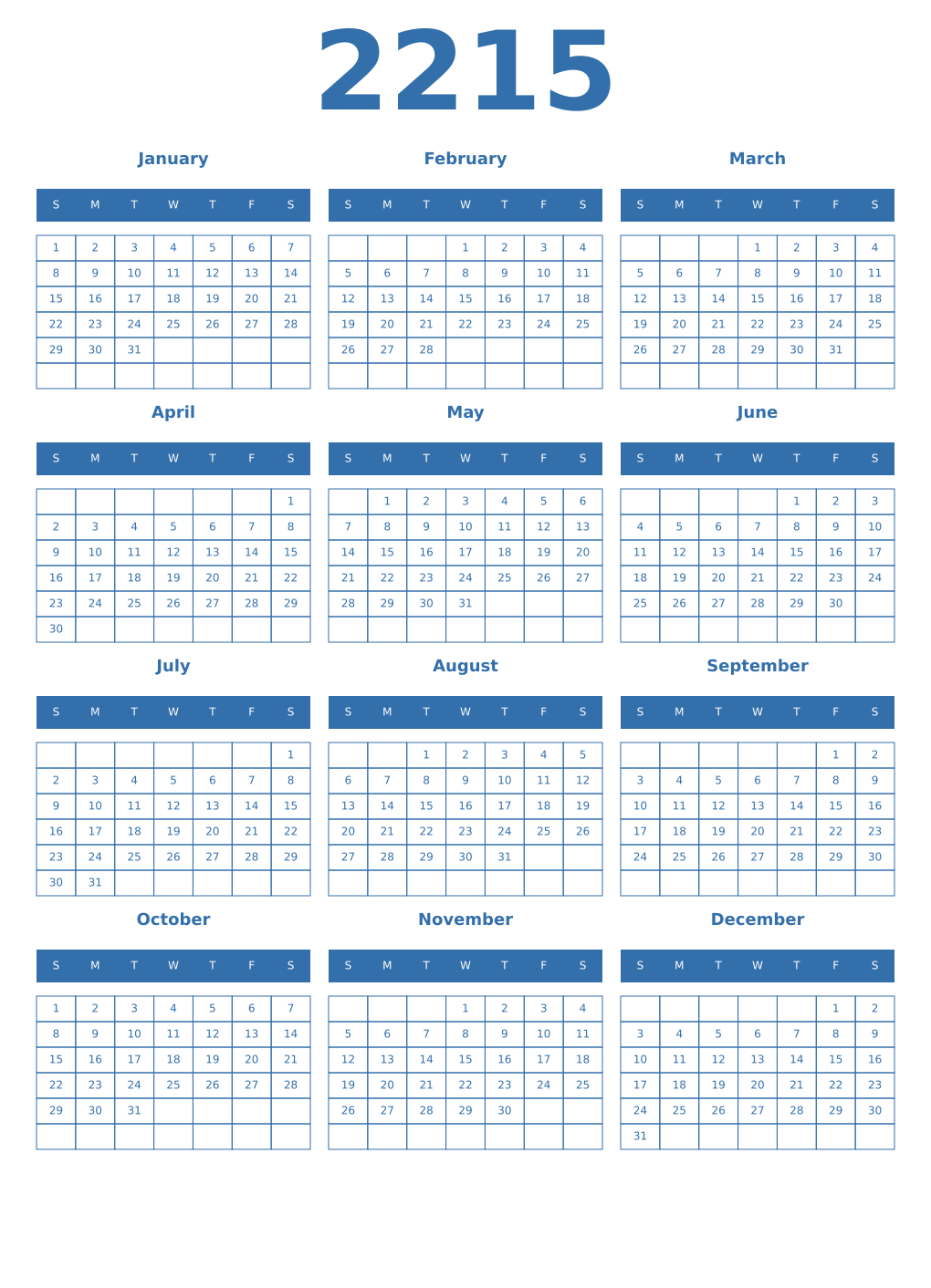 Printable 2215 Year Calendars blue