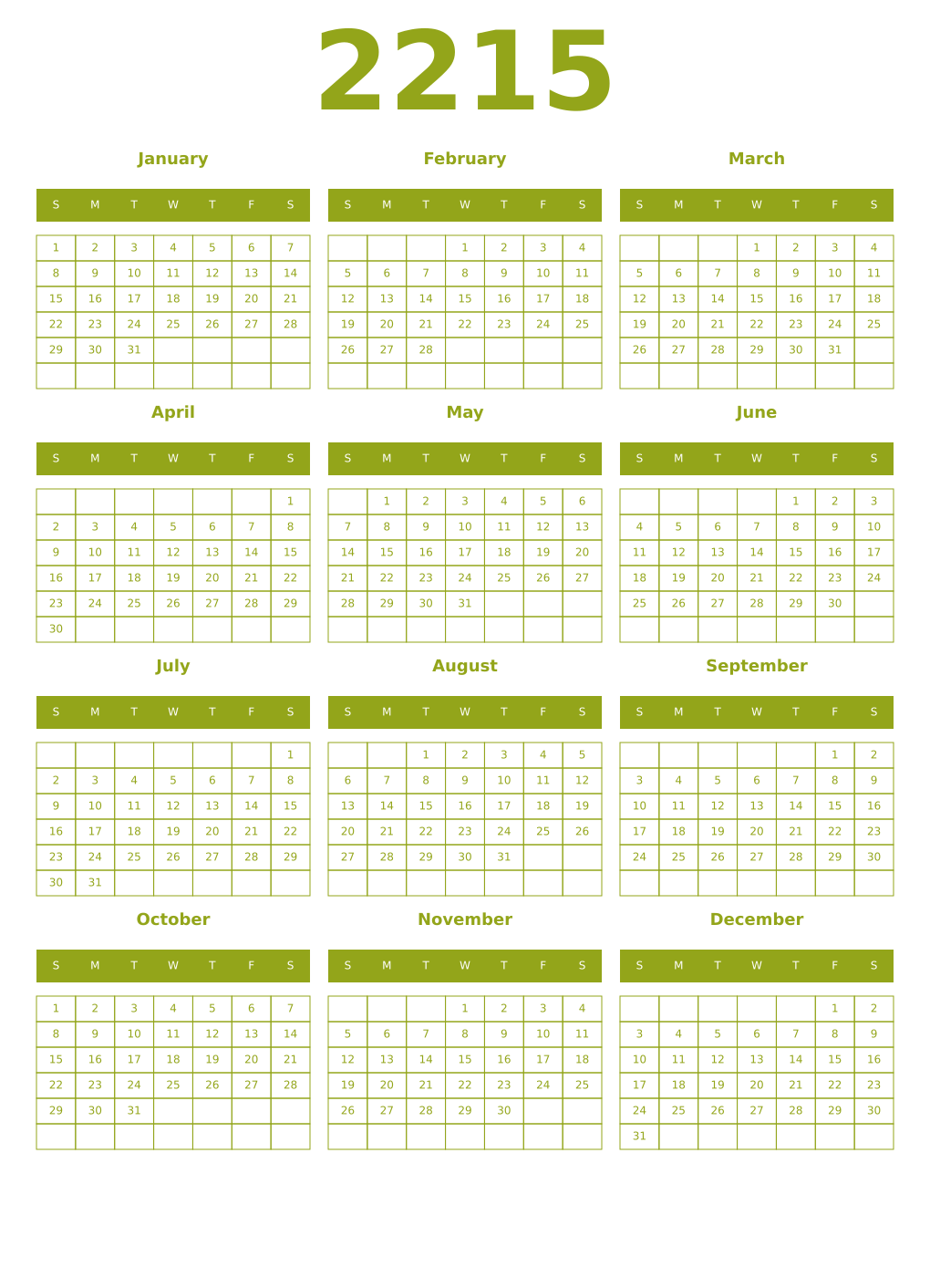 Printable 2215 Year Calendars chartreuse