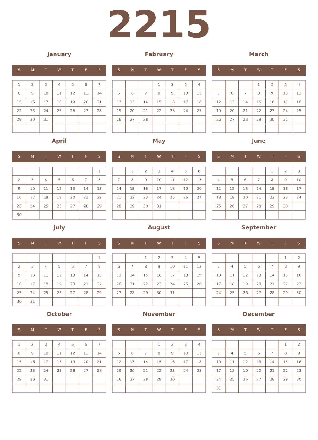 Printable 2215 Year Calendars coffe