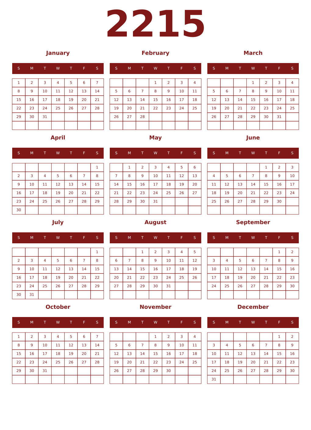 Printable 2215 Year Calendars falu