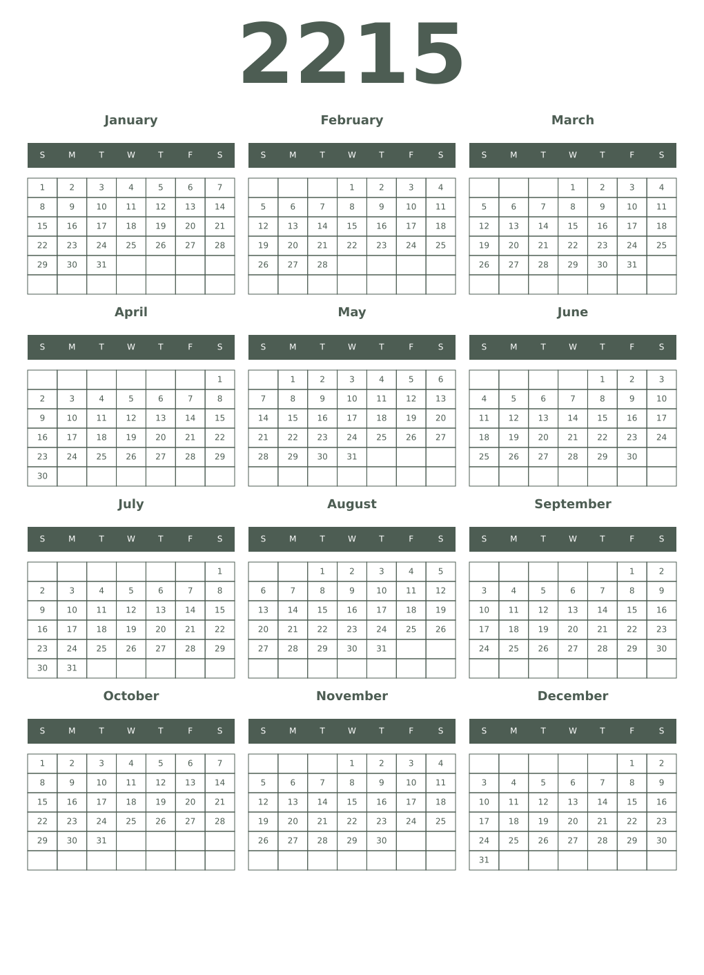 Printable 2215 Year Calendars feldgrau