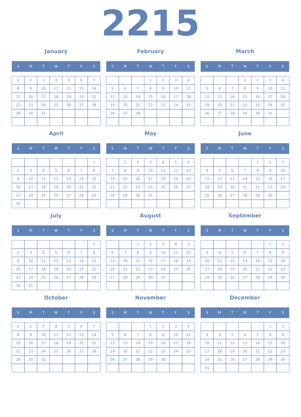 Printable 2215 Year Calendars glaucous