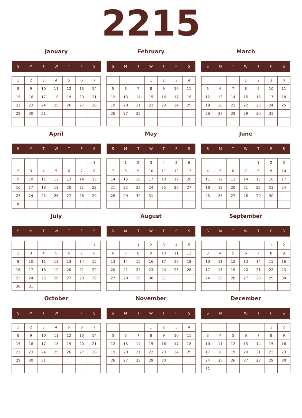 Printable 2215 Year Calendars mortuum