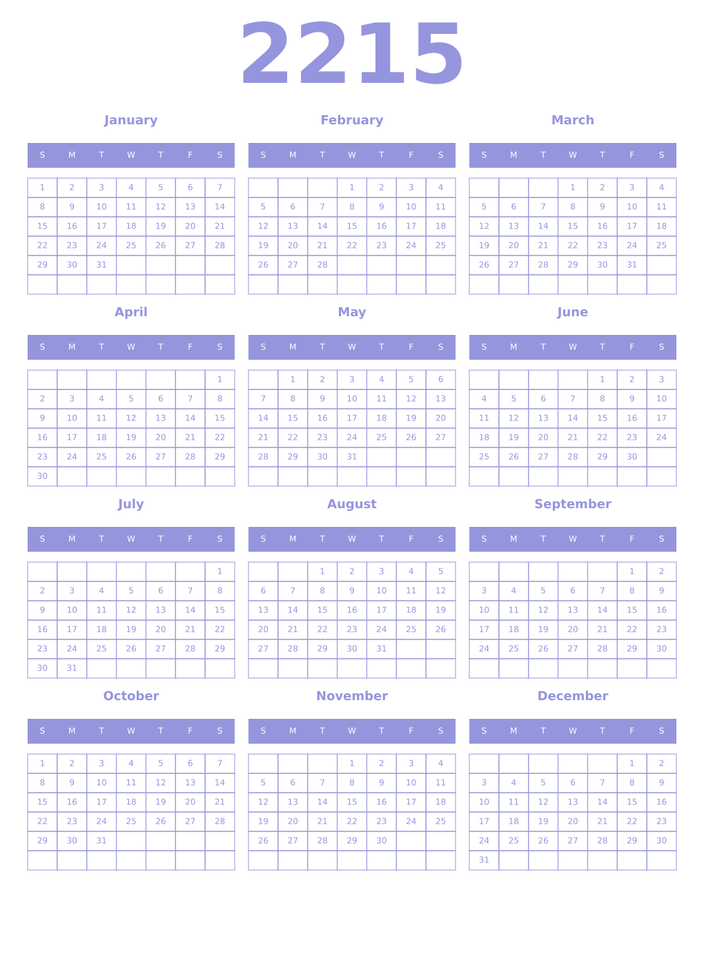 Printable 2215 Year Calendars periwinkle