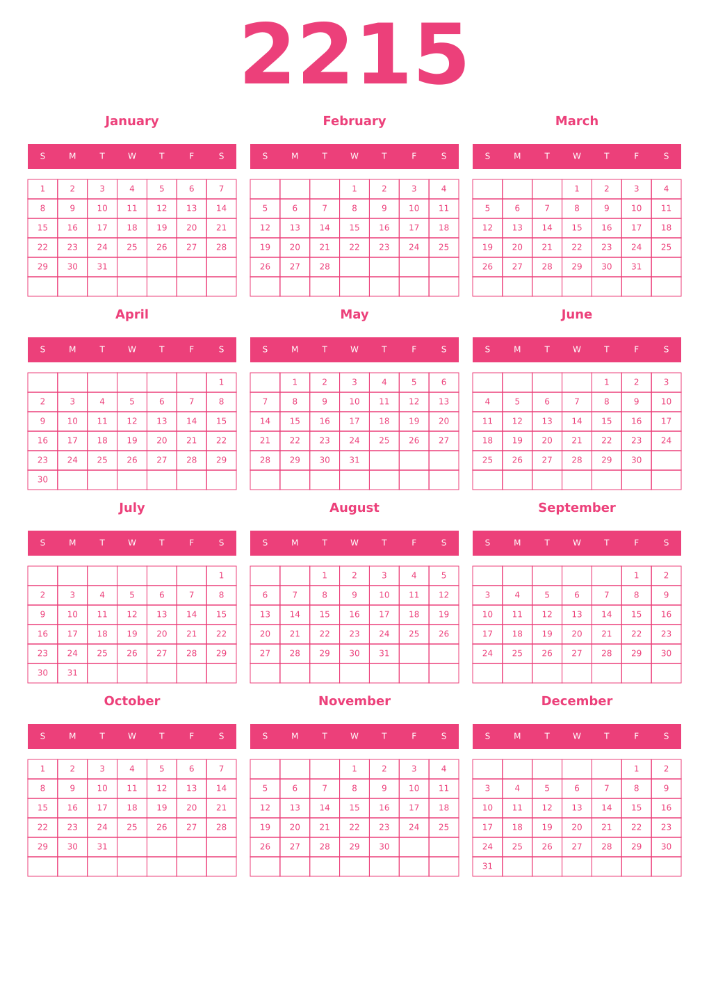 Printable 2215 Year Calendars pink