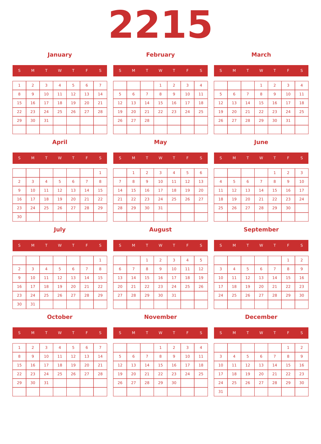 Printable 2215 Year Calendars red