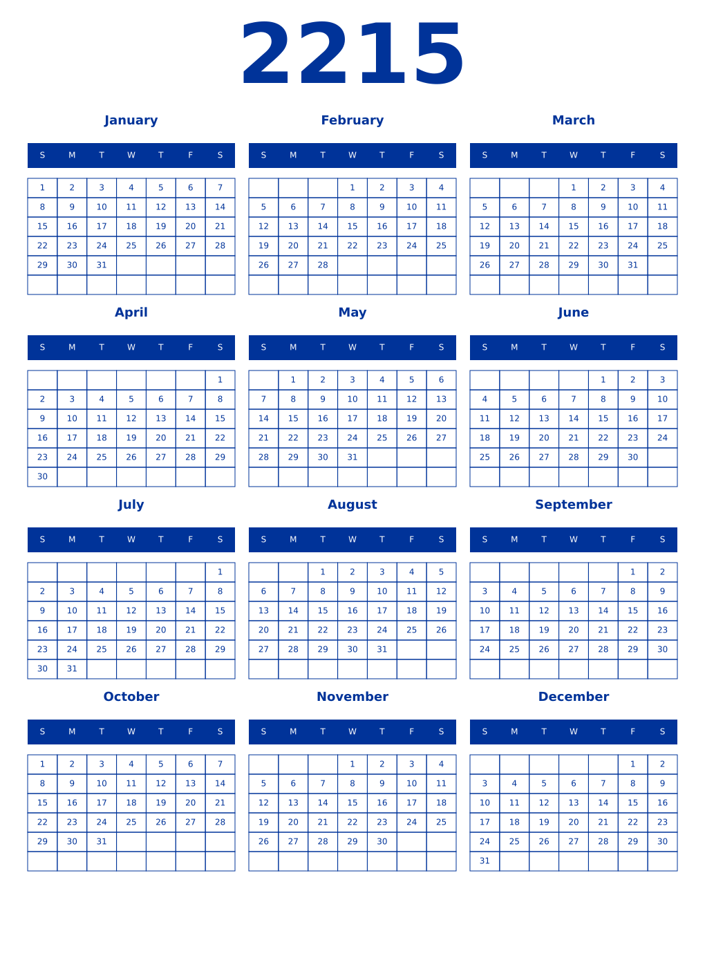 Printable 2215 Year Calendars smalt