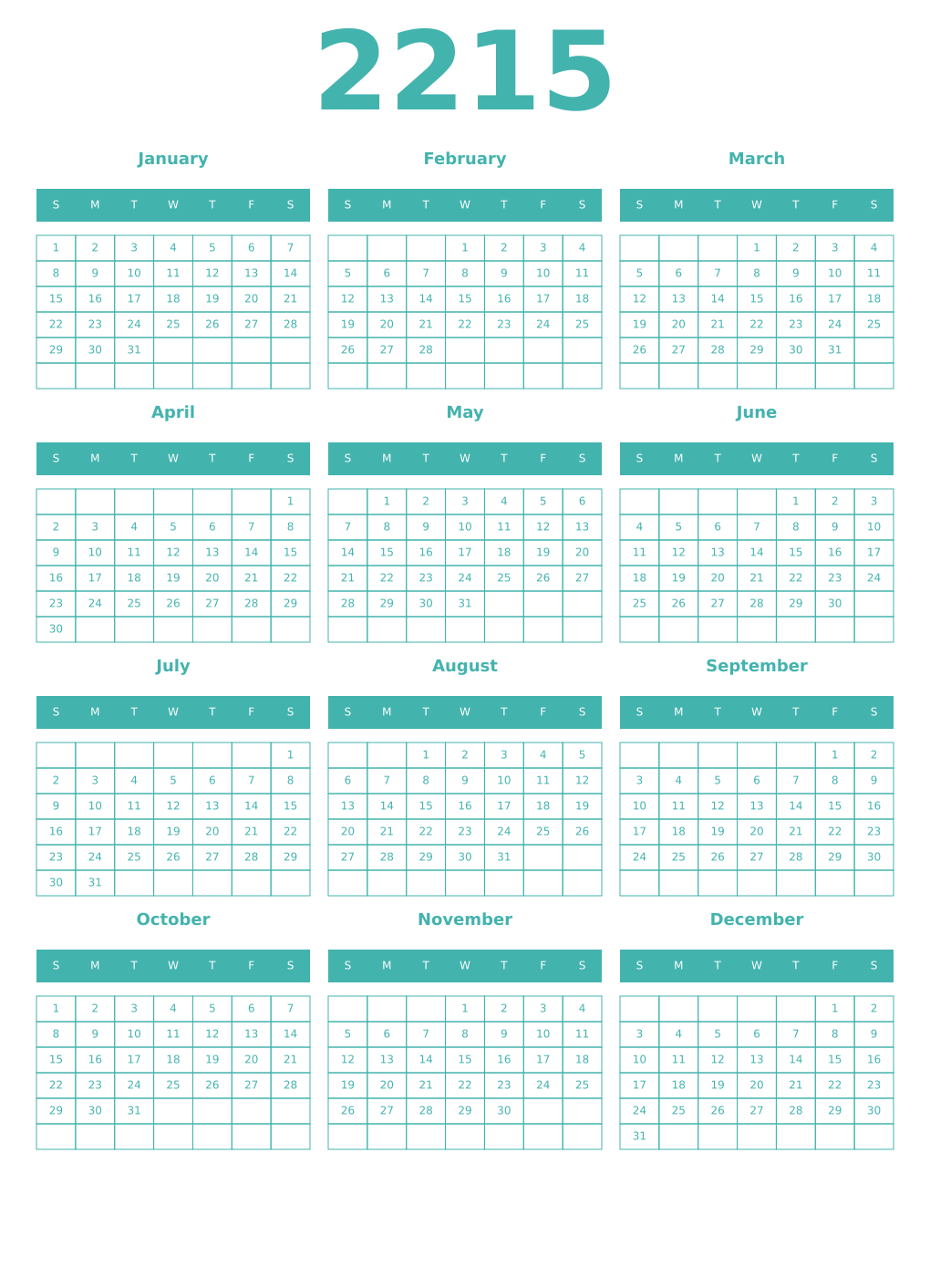 Printable 2215 Year Calendars verdigris
