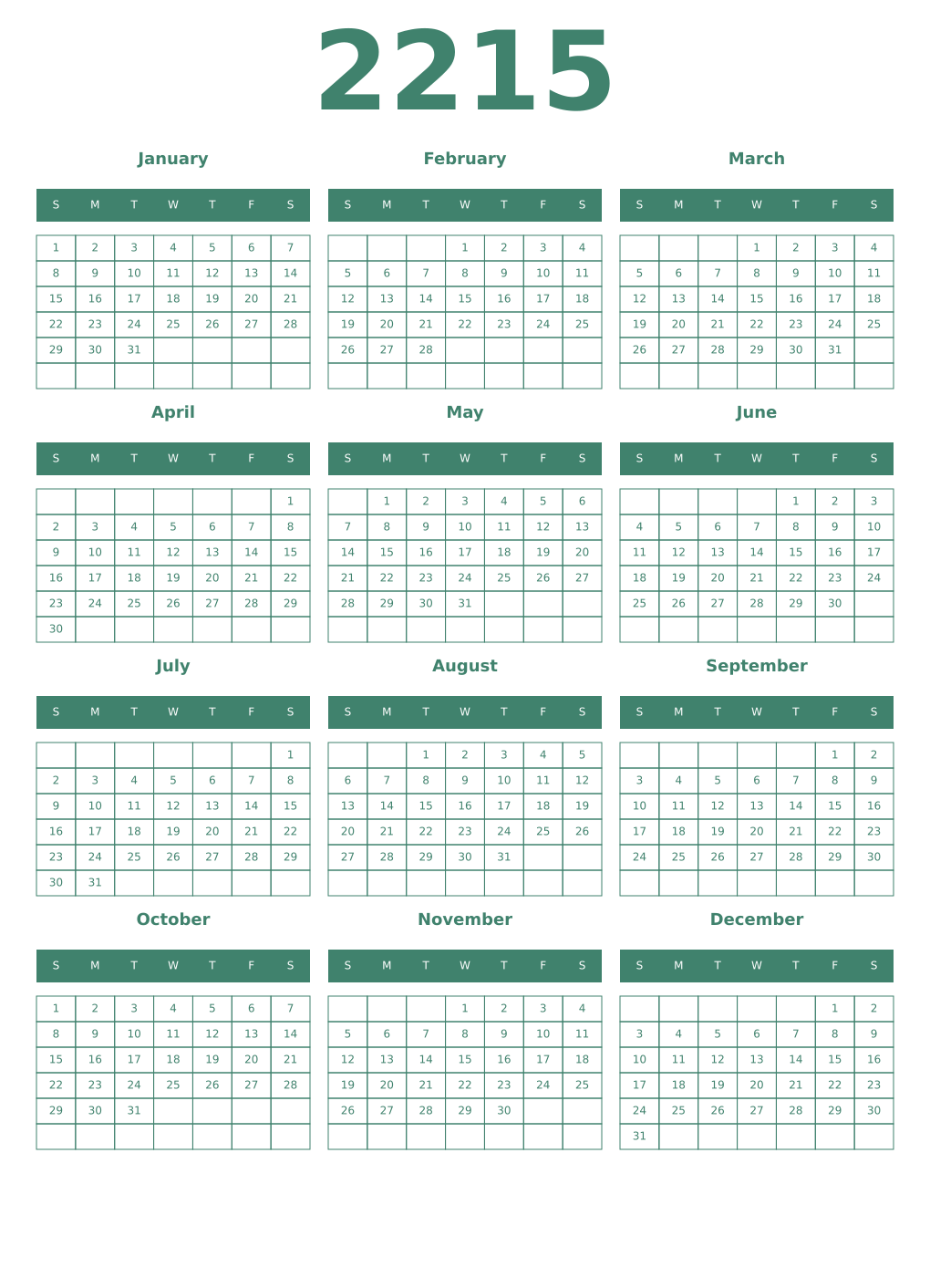 Printable 2215 Year Calendars viridian