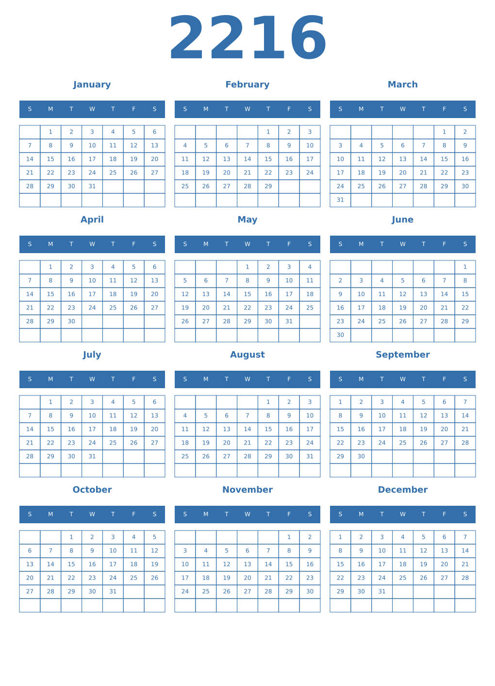 Printable 2216 Year Calendars blue