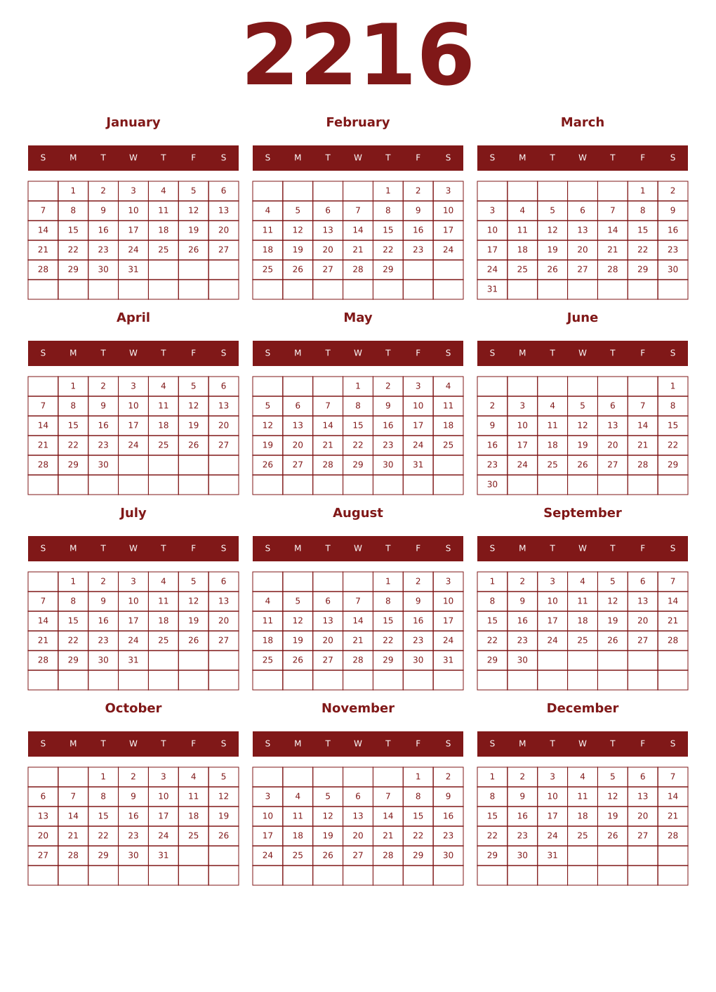 Printable 2216 Year Calendars falu