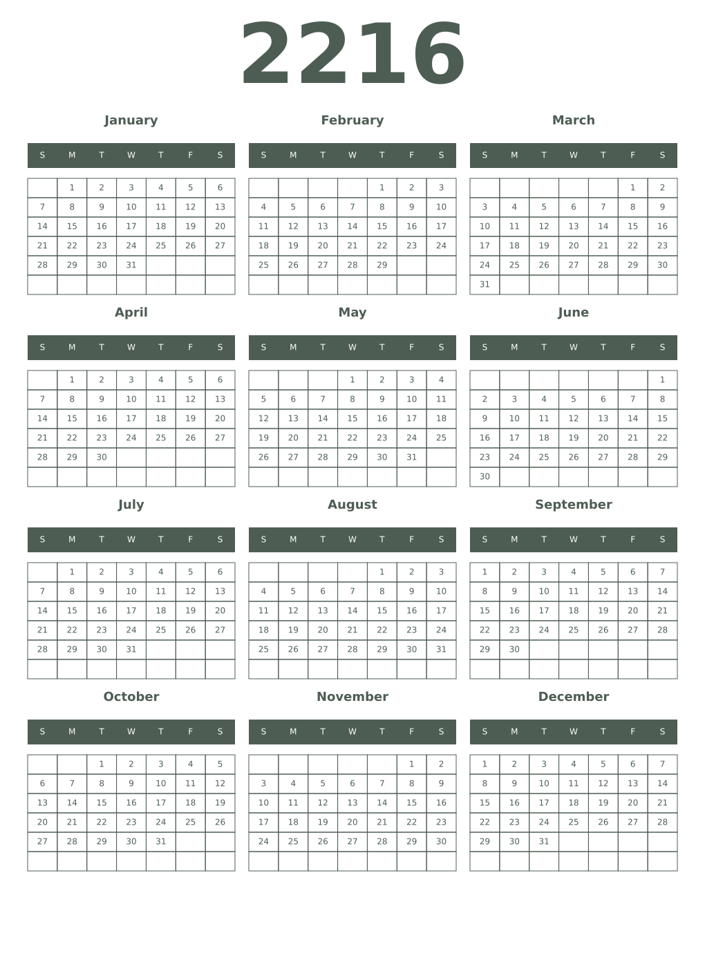 Printable 2216 Year Calendars feldgrau
