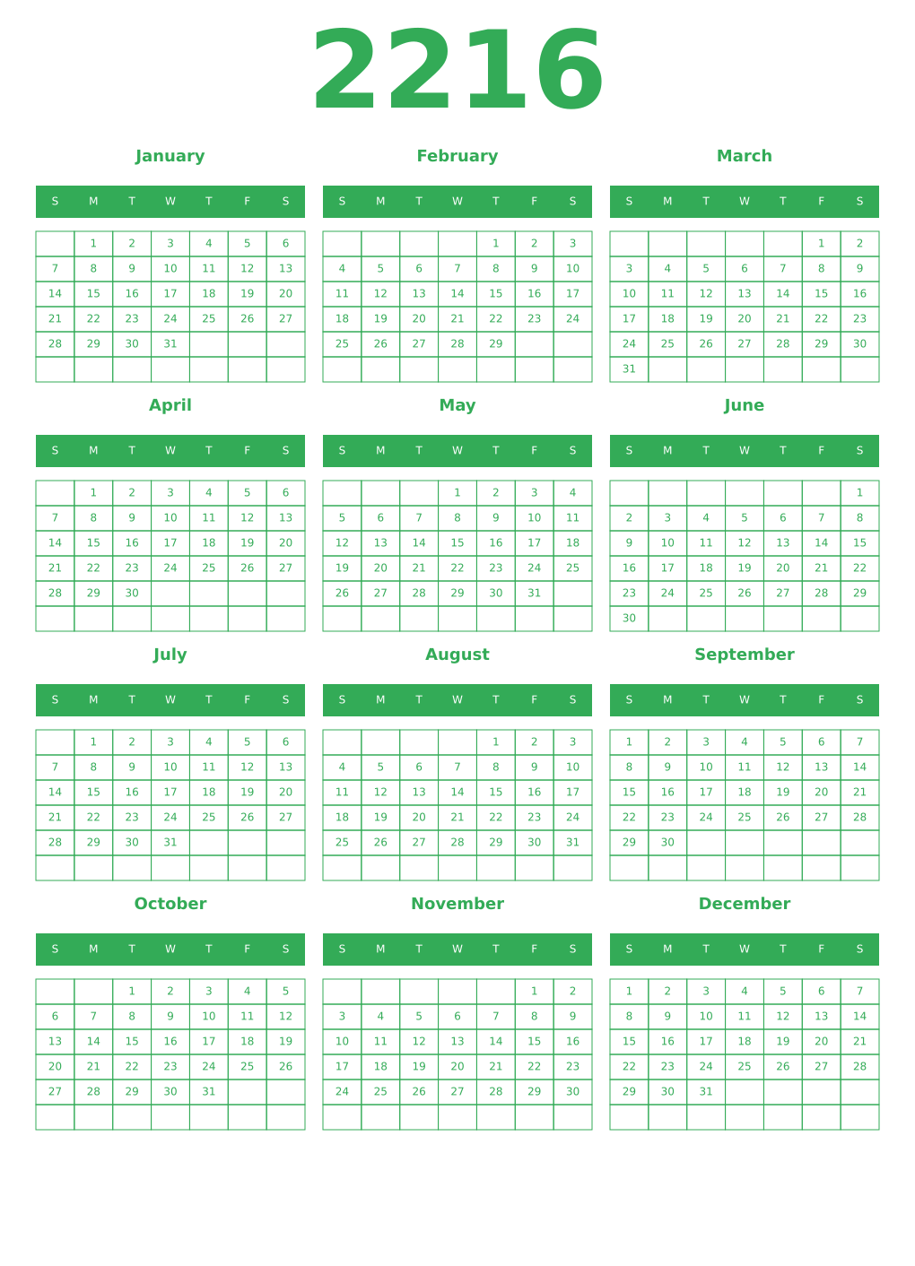 Printable 2216 Year Calendars green