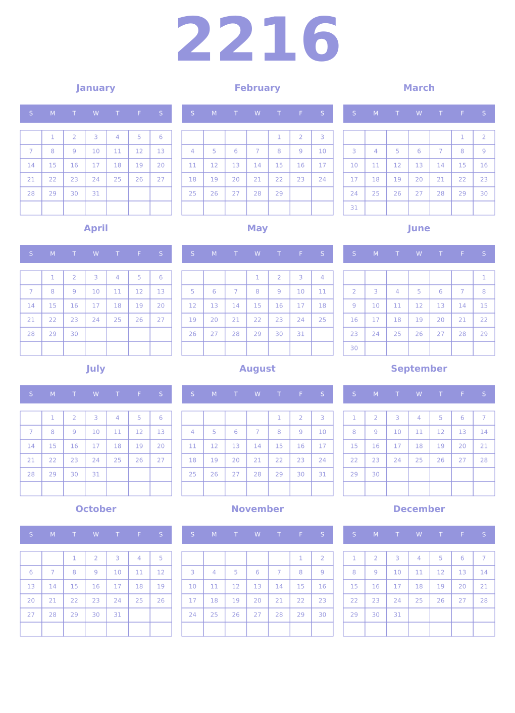 Printable 2216 Year Calendars periwinkle