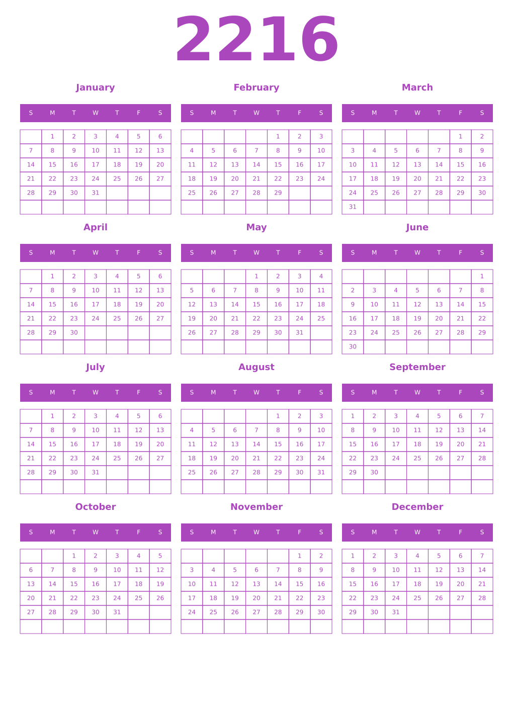 Printable 2216 Year Calendars purple