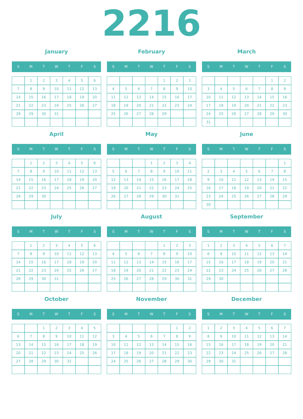 Printable 2216 Year Calendars verdigris