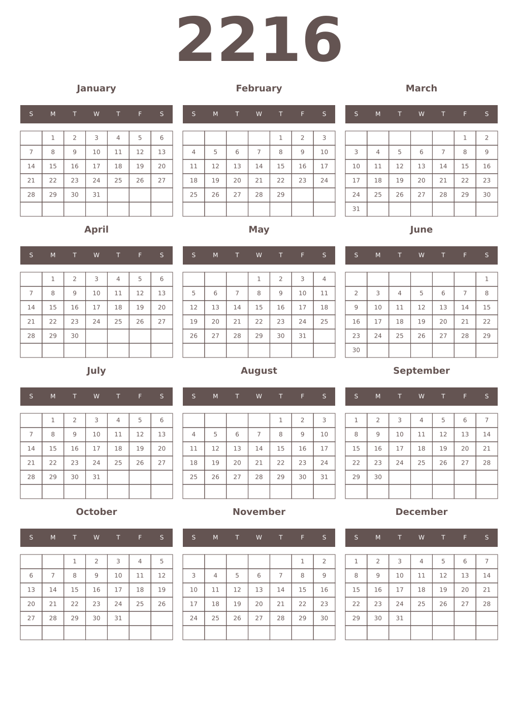 Printable 2216 Year Calendars wenge