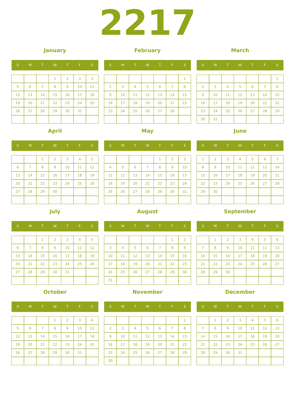 Printable 2217 Year Calendars chartreuse
