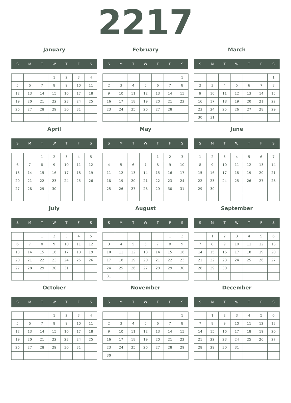 Printable 2217 Year Calendars feldgrau