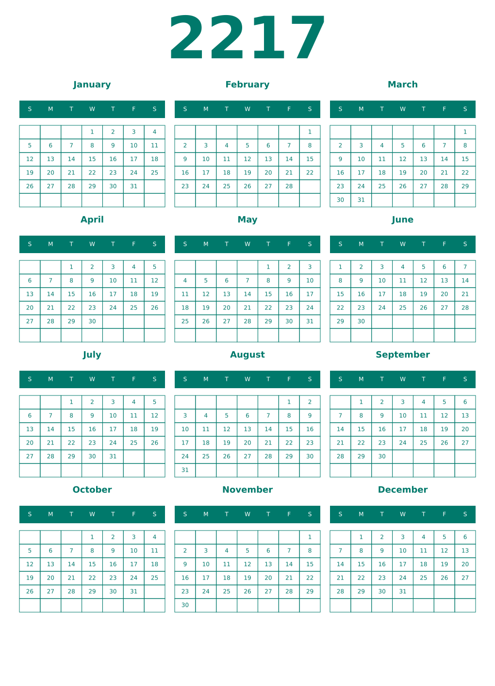 Printable 2217 Year Calendars pastel