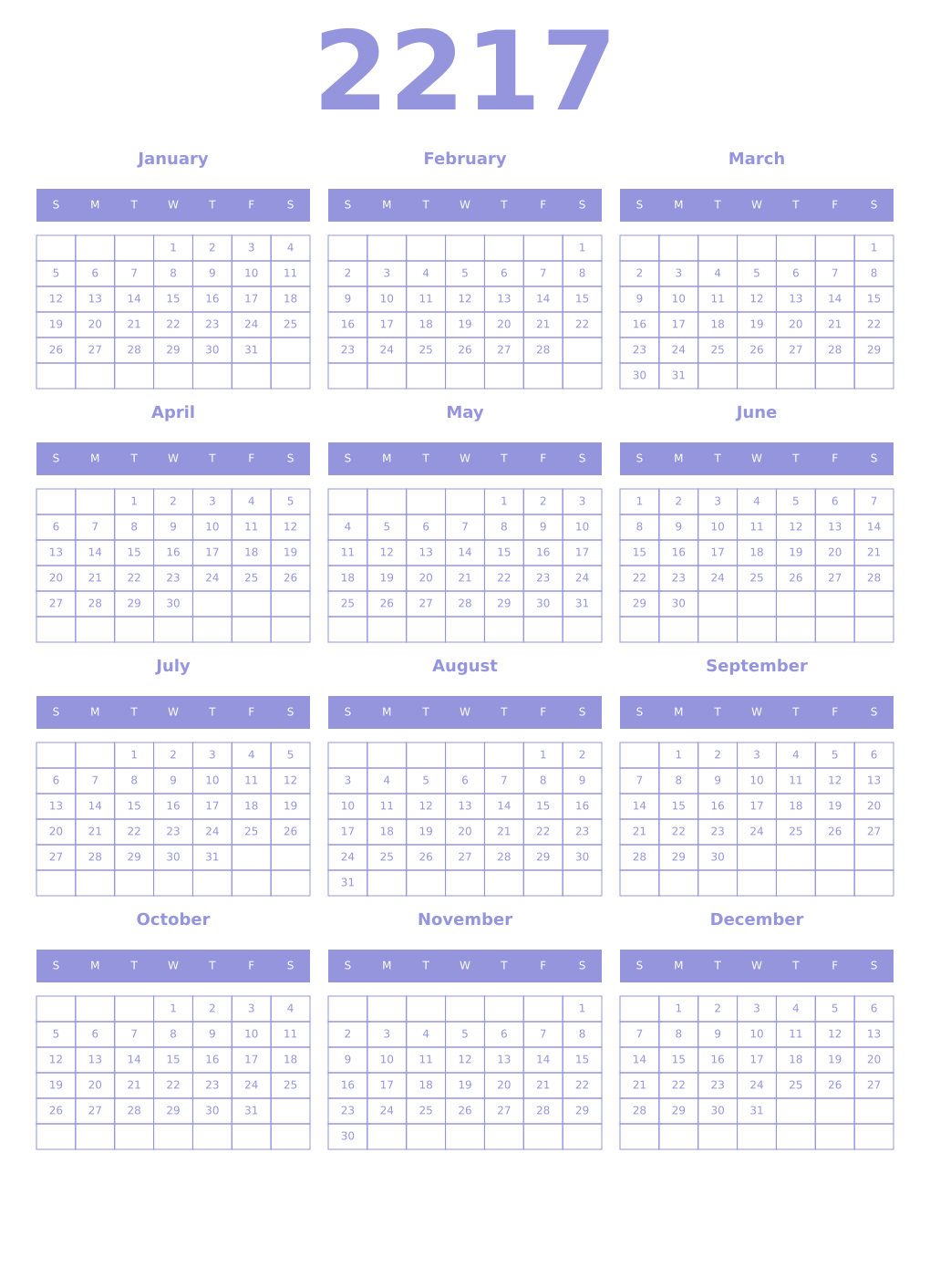 Printable 2217 Year Calendars periwinkle