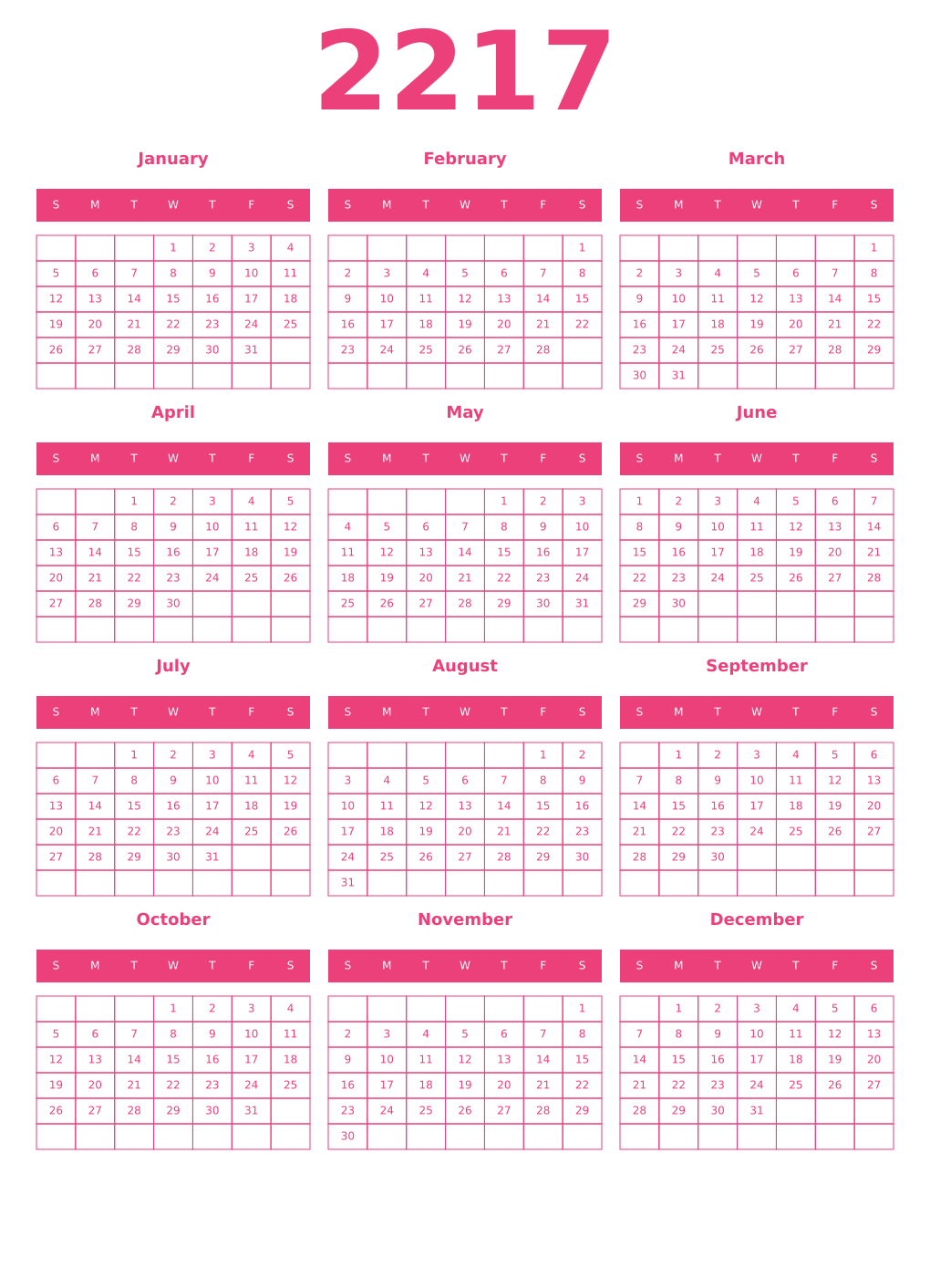 Printable 2217 Year Calendars pink