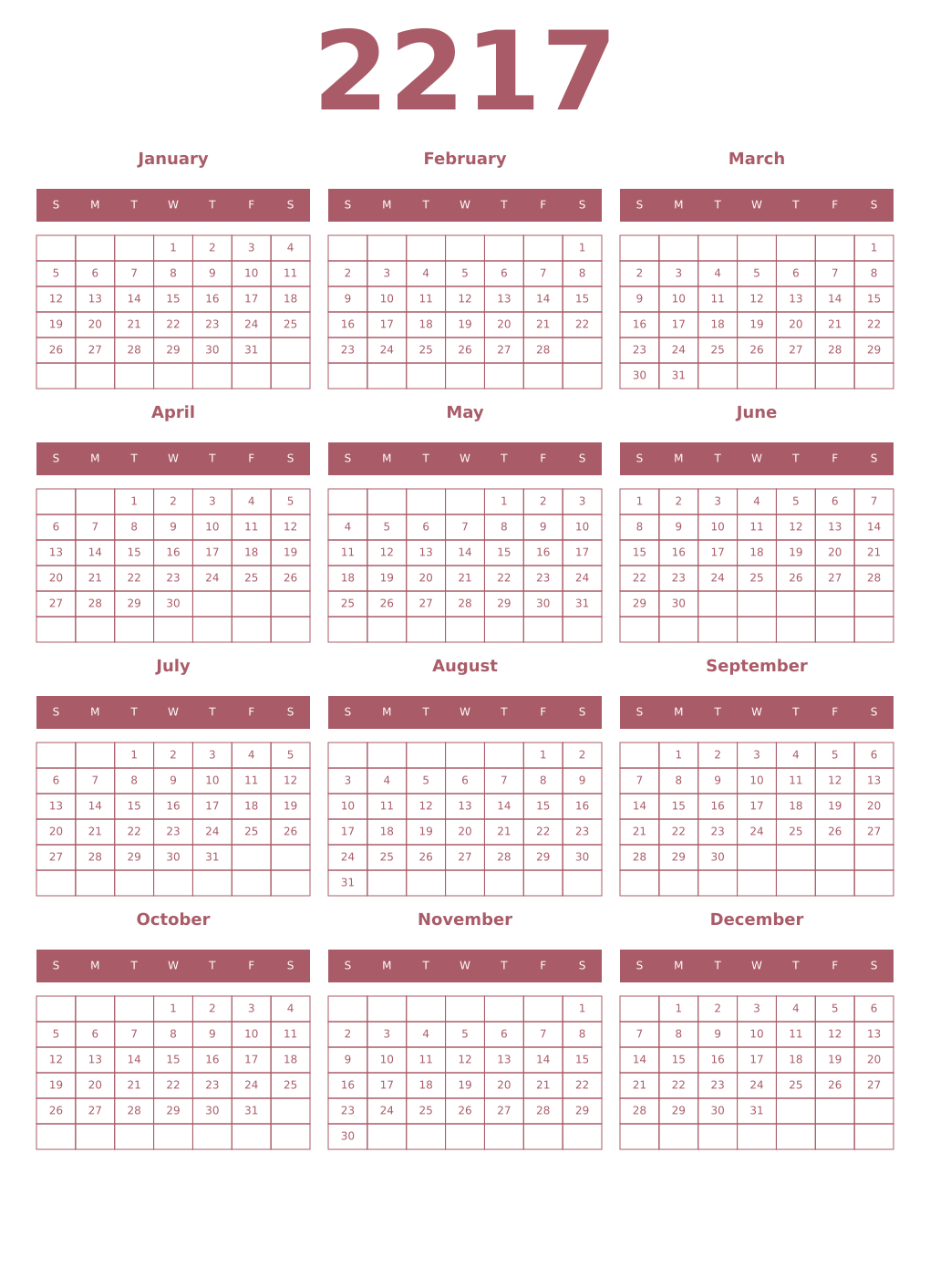 Printable 2217 Year Calendars puce