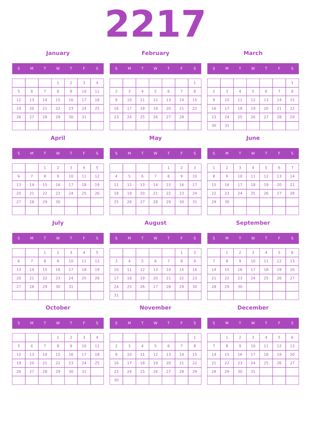 Printable 2217 Year Calendars purple