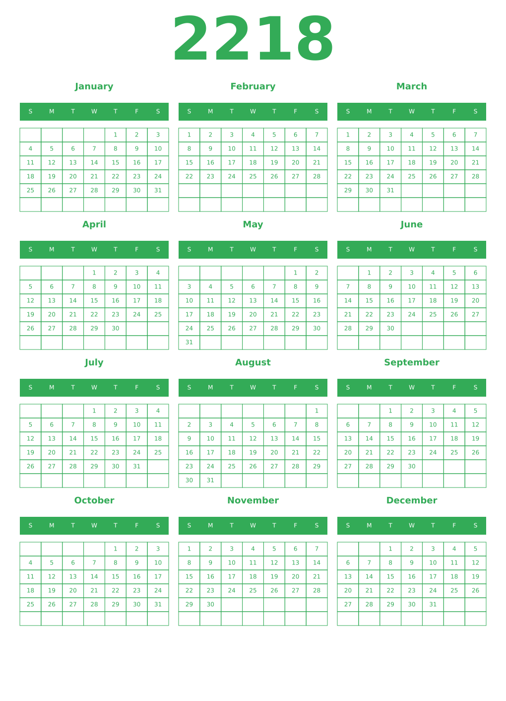 Printable 2218 Year Calendars green