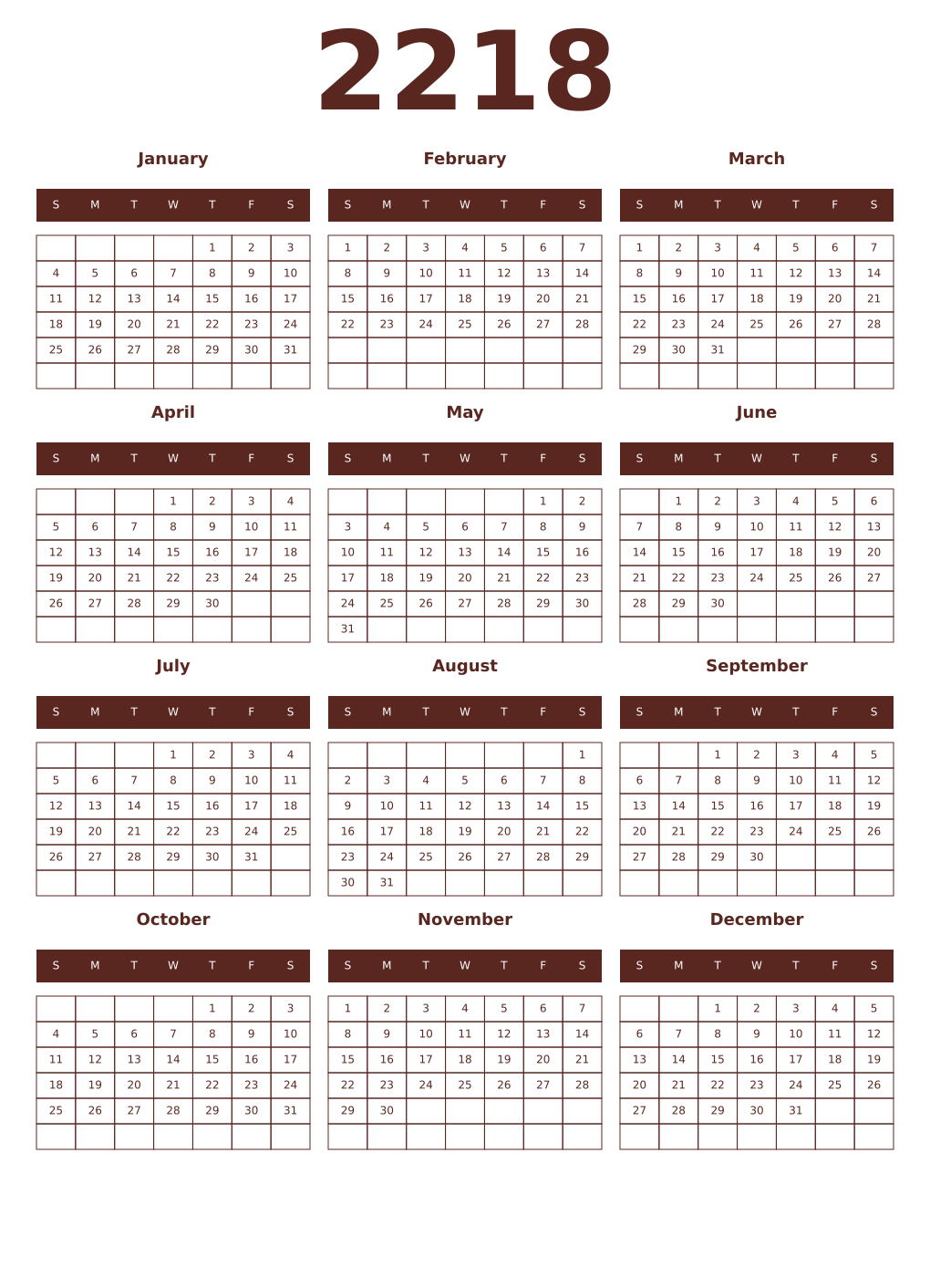 Printable 2218 Year Calendars mortuum