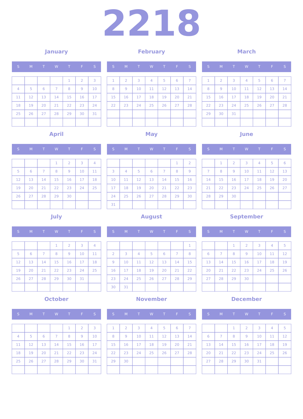 Printable 2218 Year Calendars periwinkle