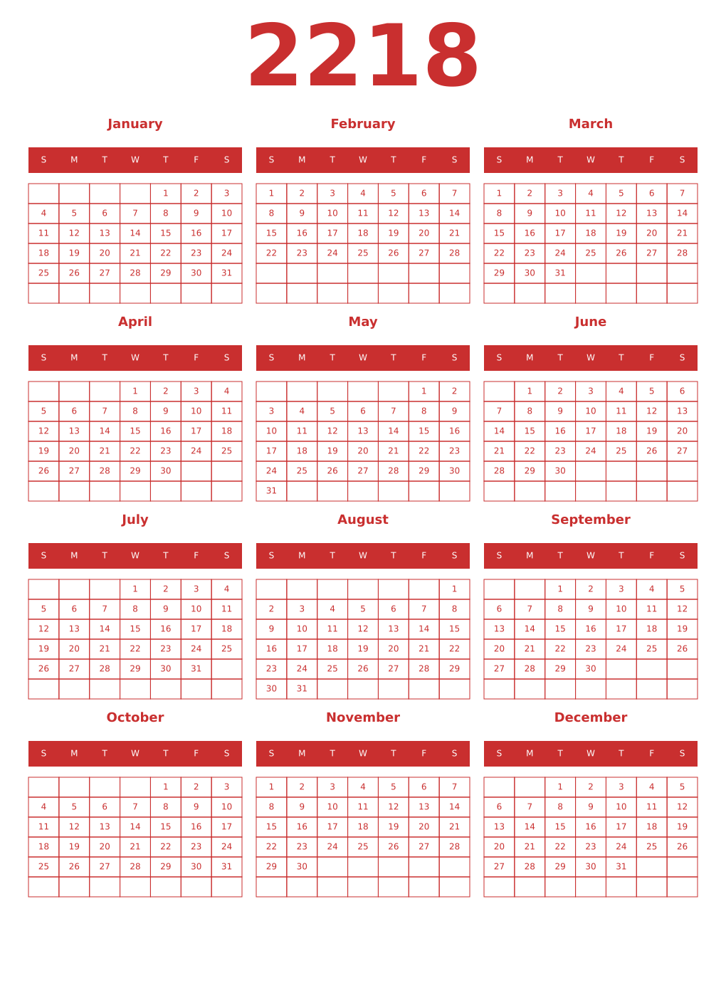 Printable 2218 Year Calendars red