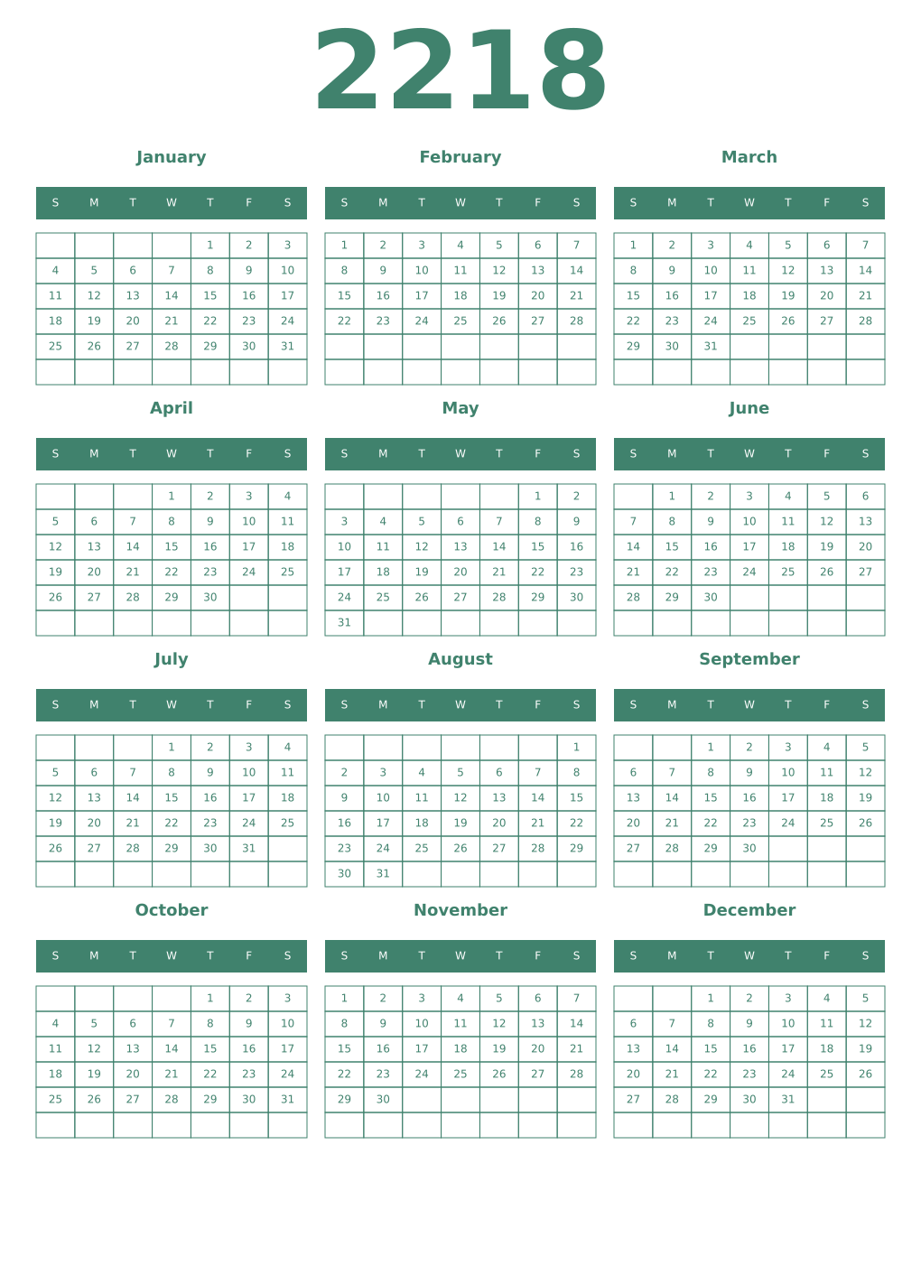 Printable 2218 Year Calendars viridian