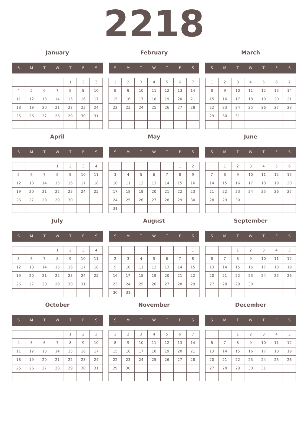 Printable 2218 Year Calendars wenge