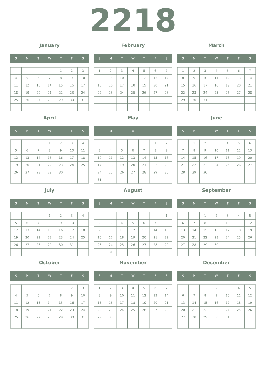 Printable 2218 Year Calendars xanadu