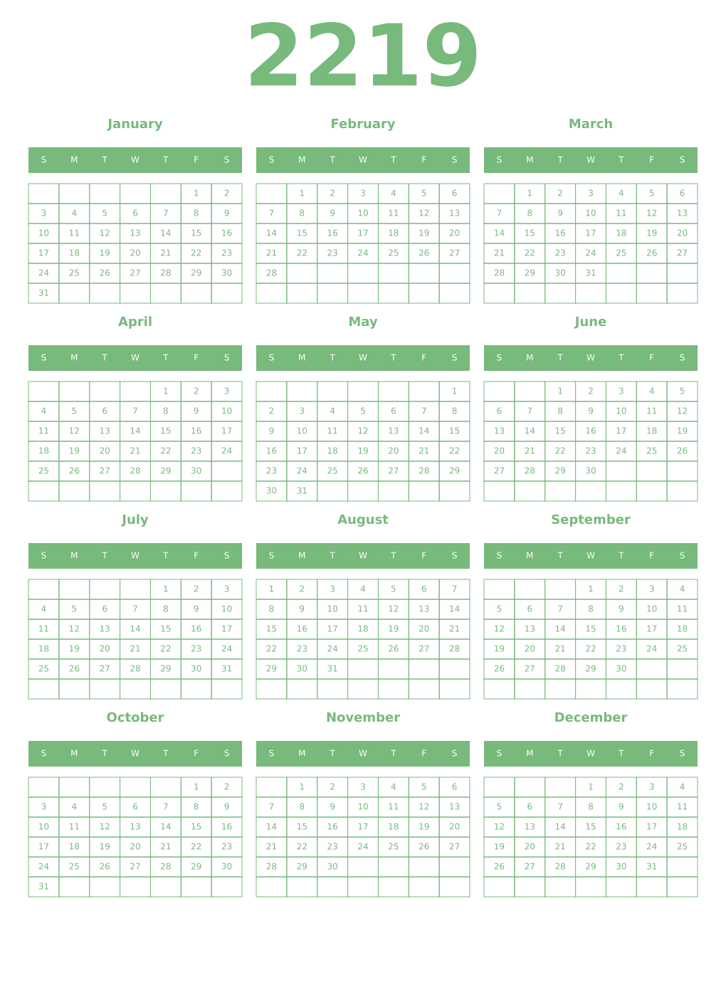 Printable 2219 Year Calendars celadon