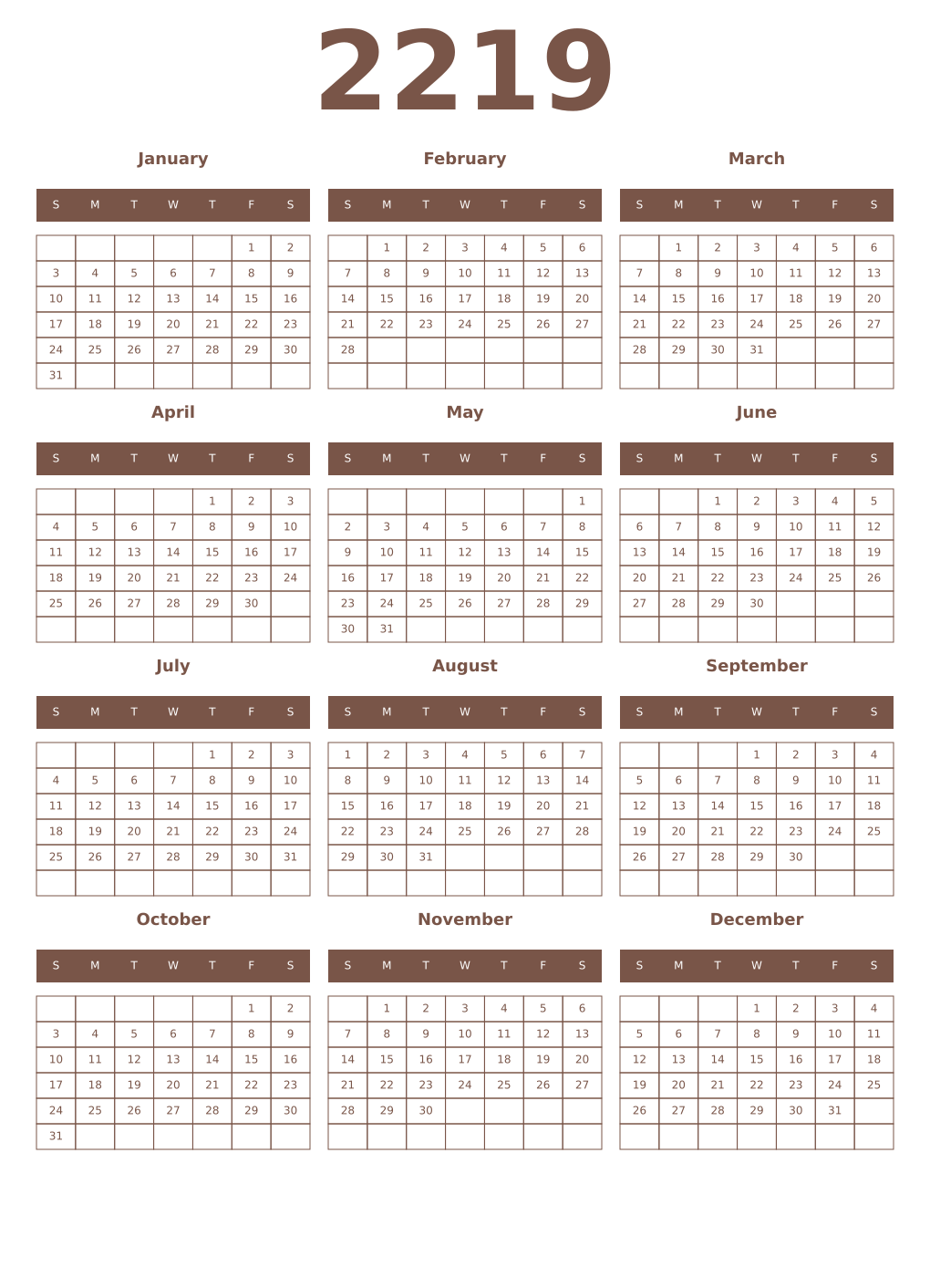 Printable 2219 Year Calendars coffe