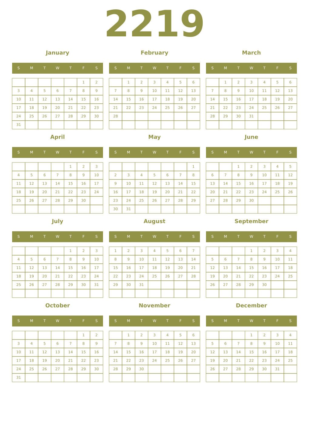 Printable 2219 Year Calendars eburnean