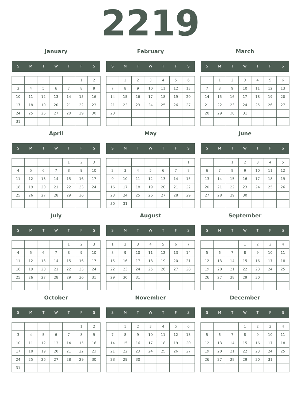 Printable 2219 Year Calendars feldgrau