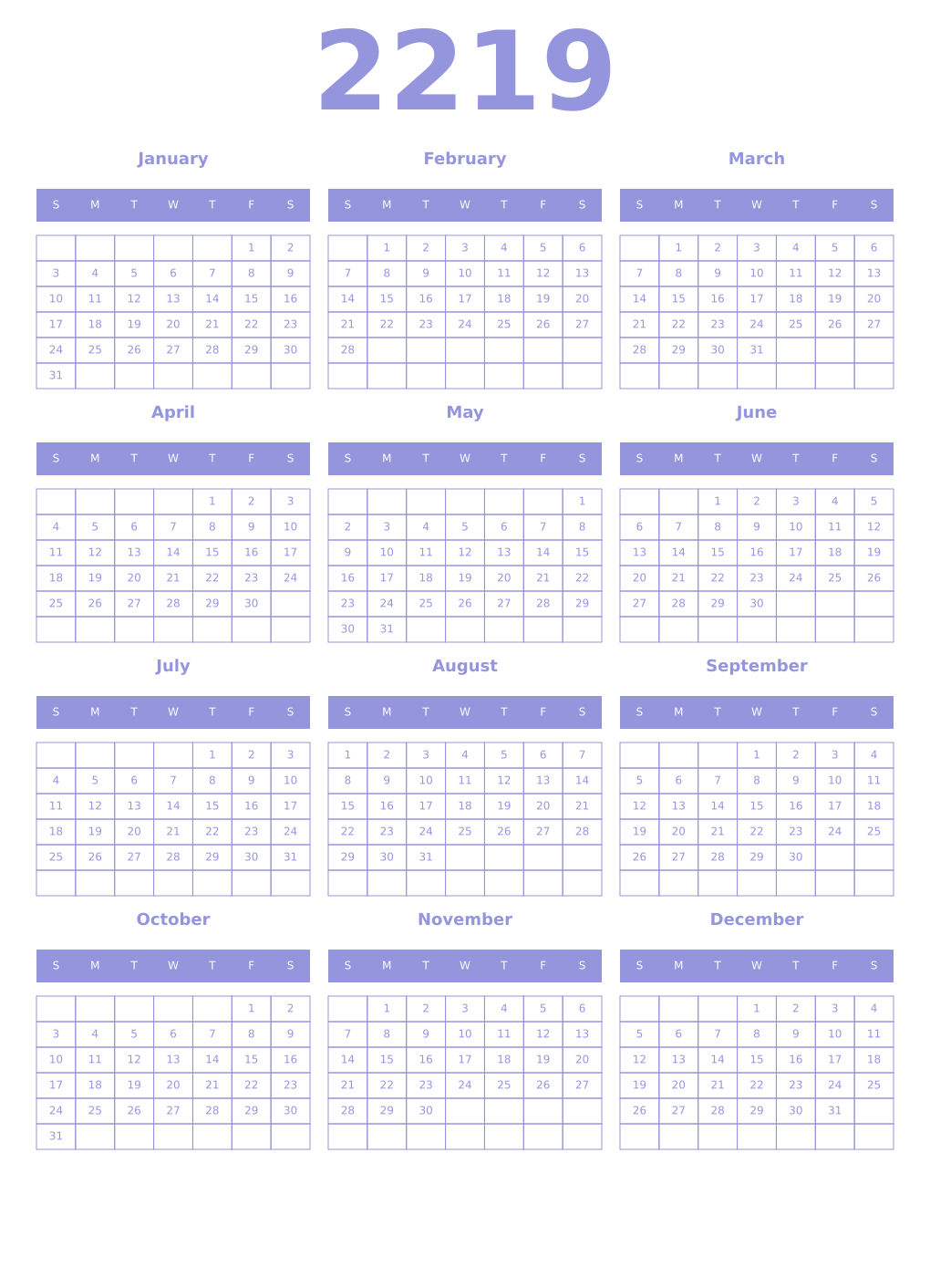 Printable 2219 Year Calendars periwinkle