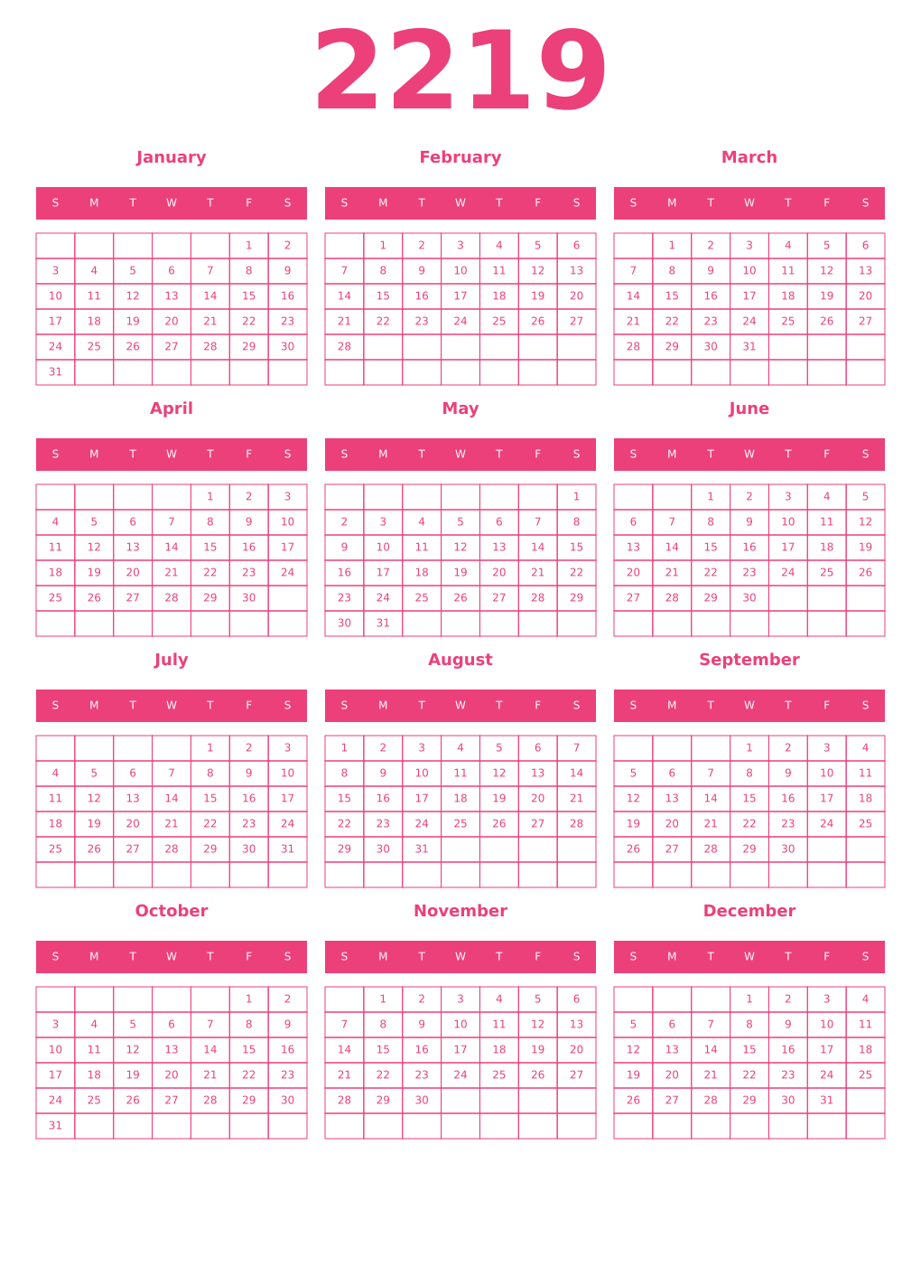 Printable 2219 Year Calendars pink