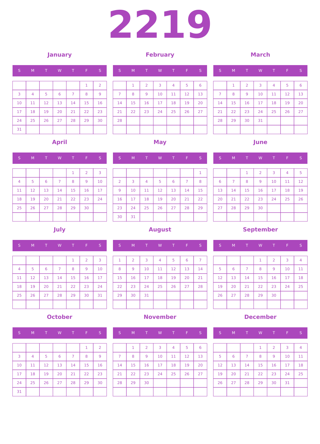 Printable 2219 Year Calendars purple
