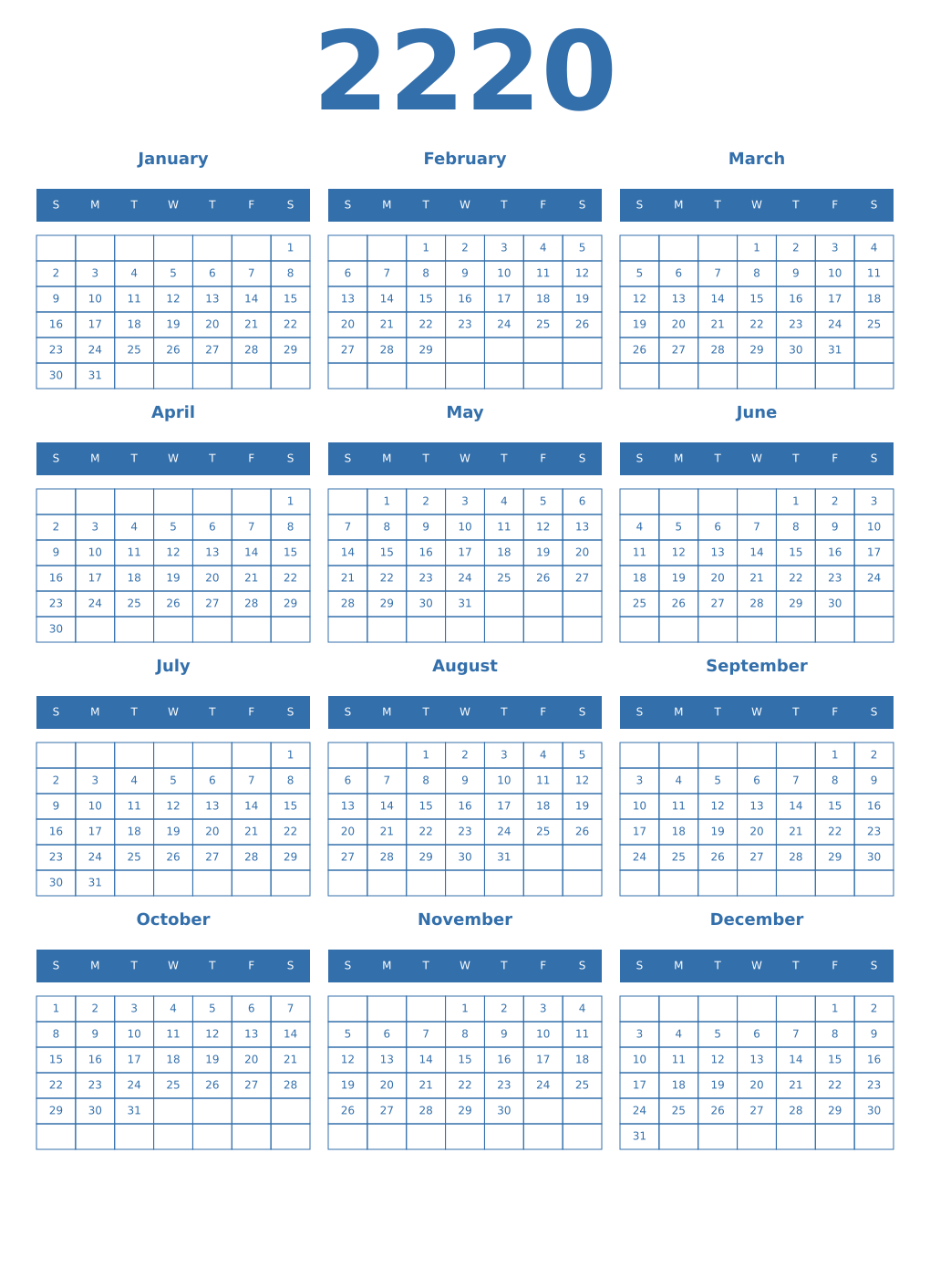 Printable 2220 Year Calendars blue
