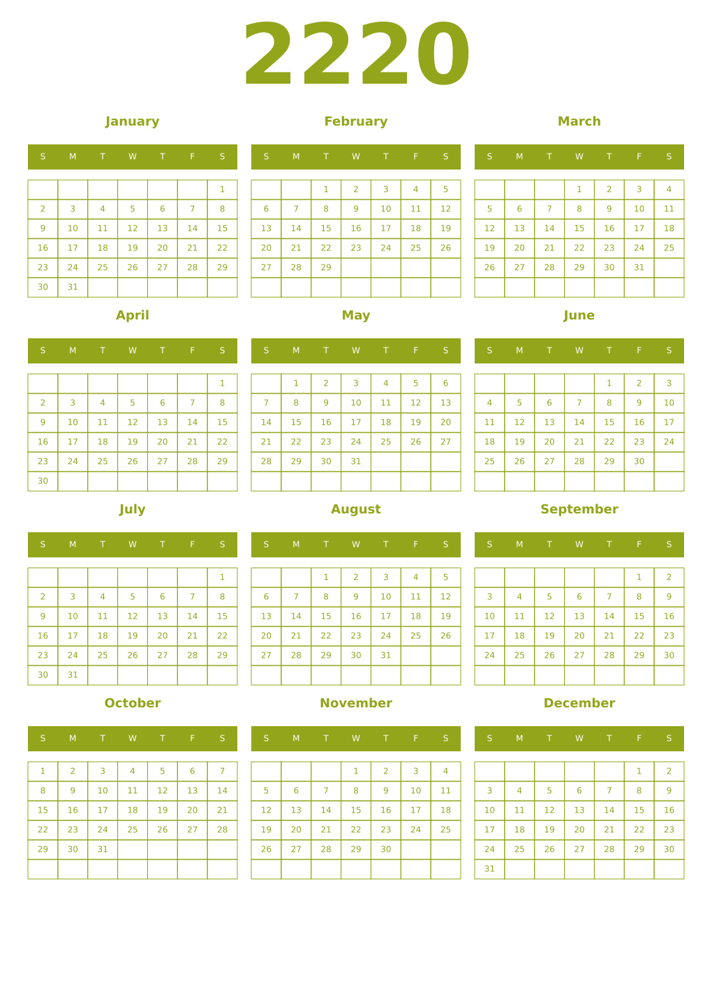 Printable 2220 Year Calendars chartreuse