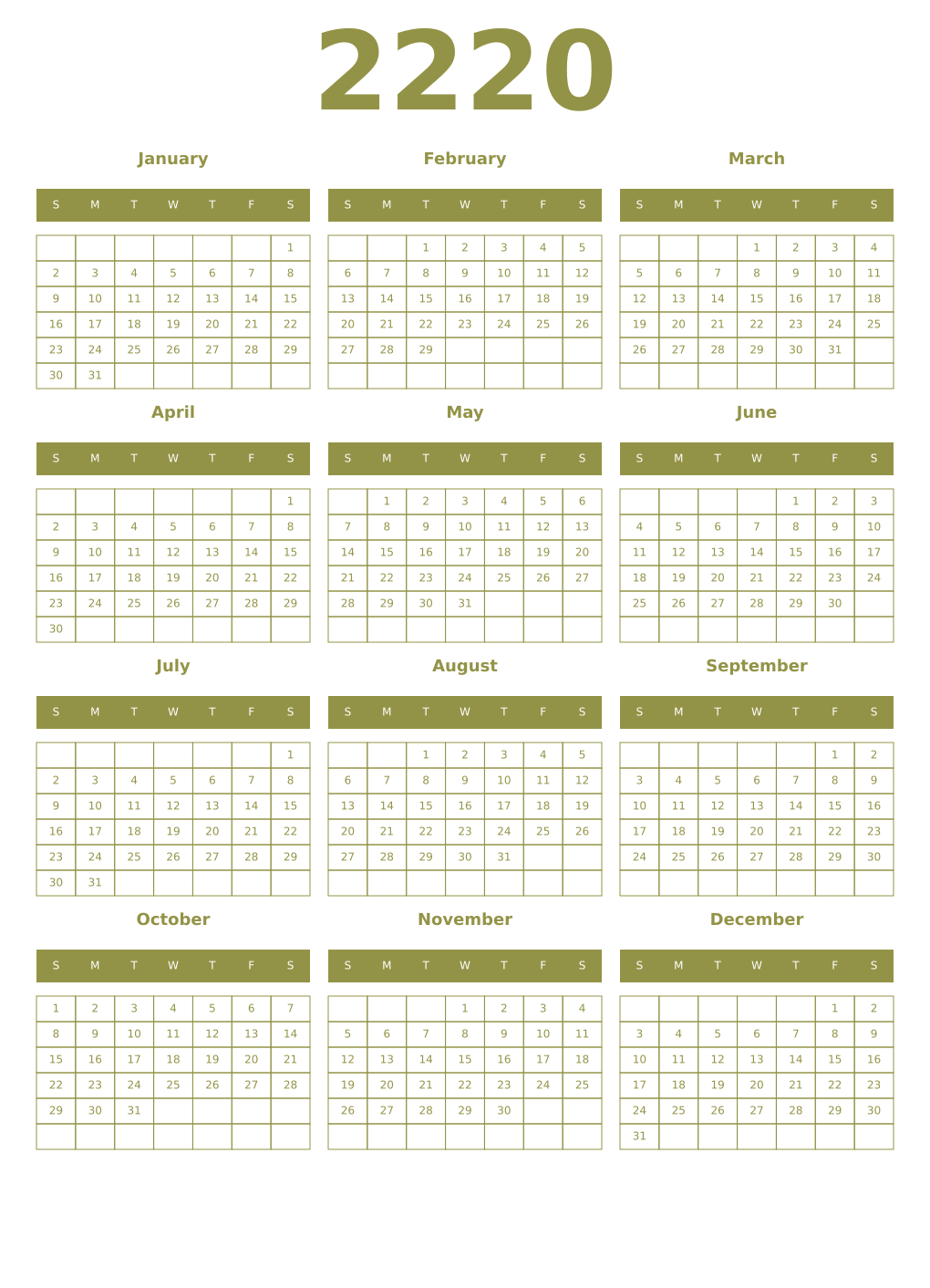 Printable 2220 Year Calendars eburnean