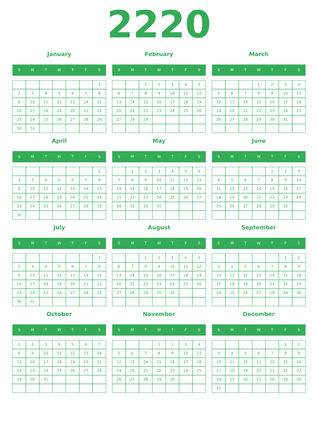 Printable 2220 Year Calendars green