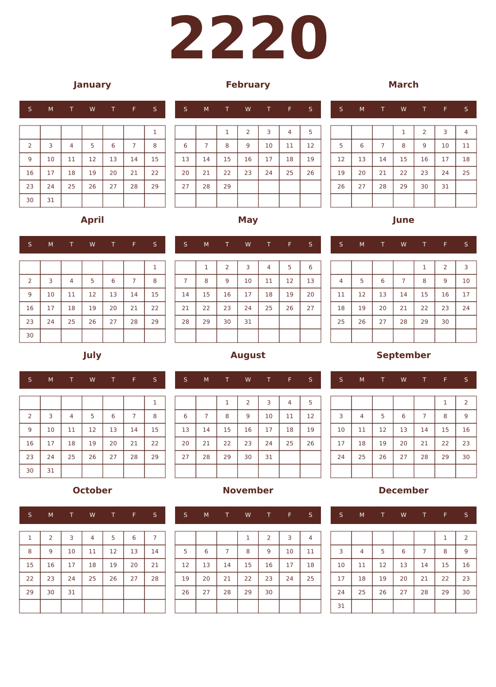 Printable 2220 Year Calendars mortuum