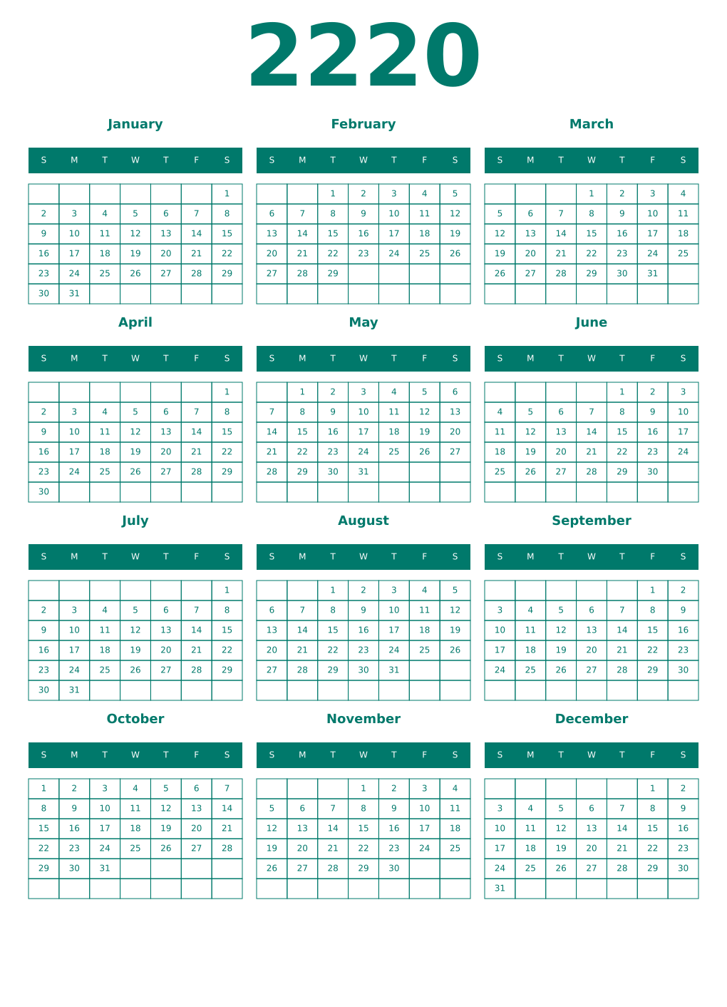 Printable 2220 Year Calendars pastel