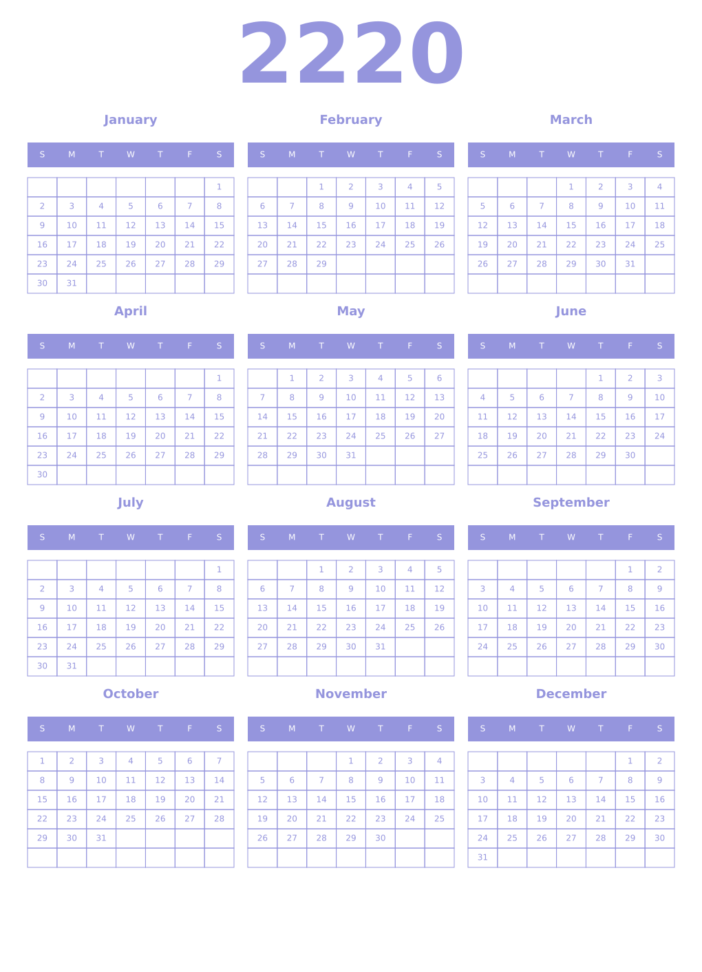 Printable 2220 Year Calendars periwinkle