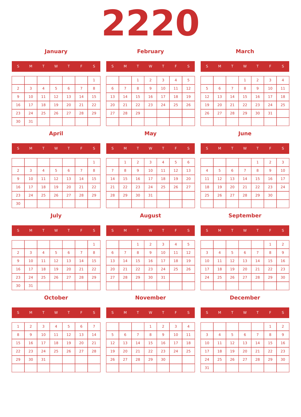 Printable 2220 Year Calendars red